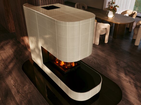 Detailansicht Raumteiler Kachelkamin mit Kachel Silhouette | © Sommerhuber GmbH